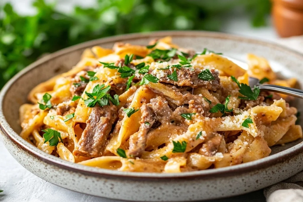 A beautifully plated Philly cheesesteak pasta garnished with fresh parsley.