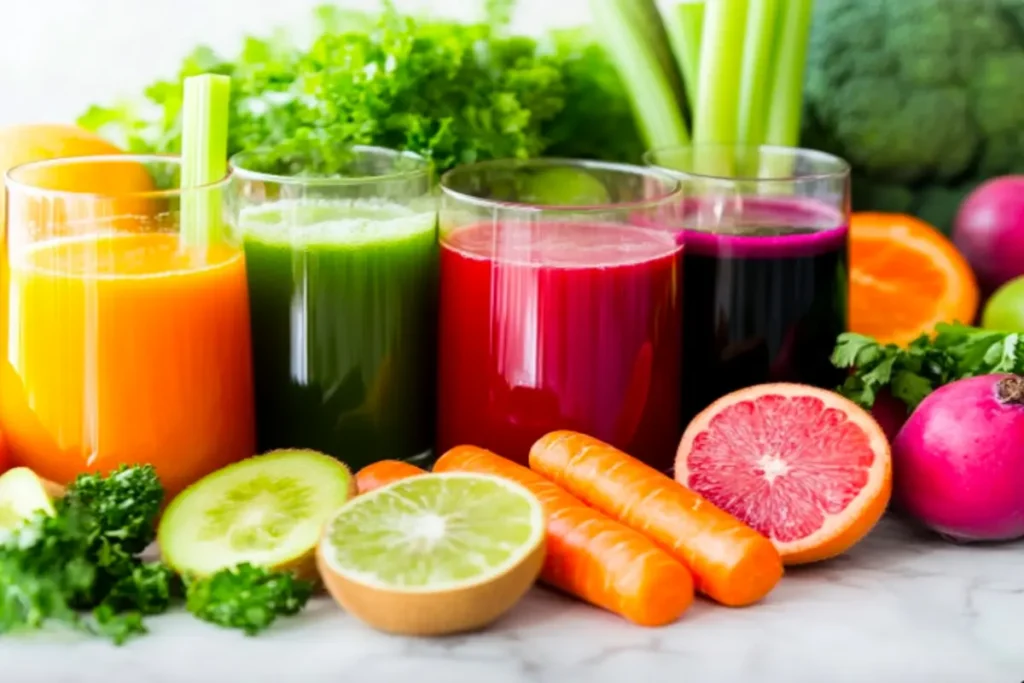 Various juices with carrot and celery juice upfront