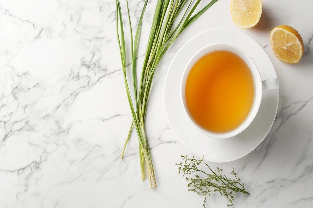 Lemongrass tea on a white marble kitchen counter