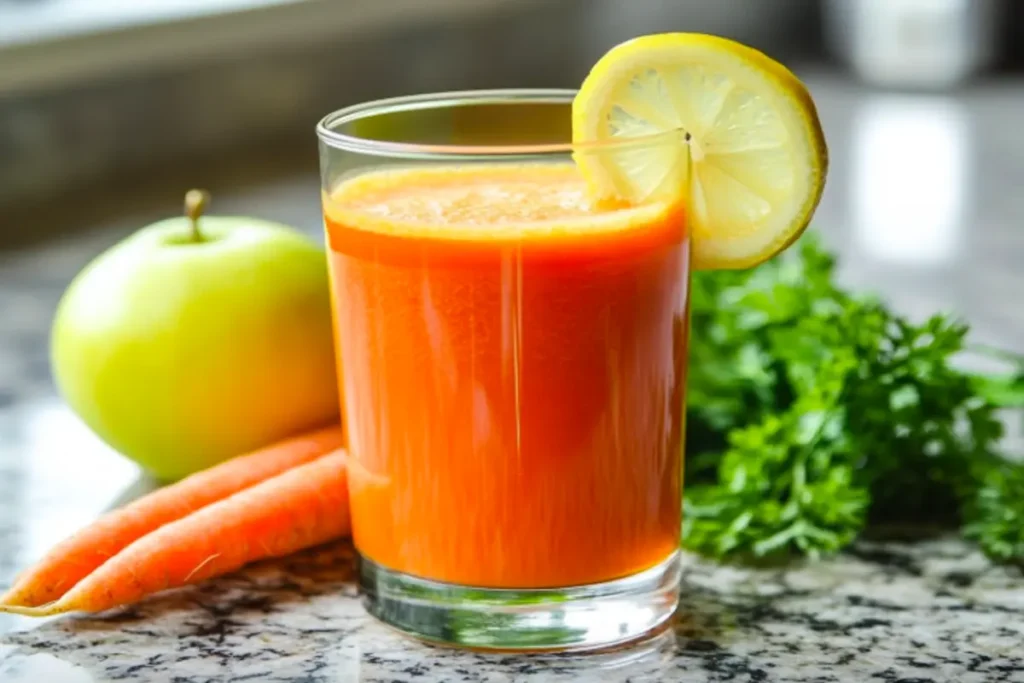 A refreshing glass of carrot and apple juice with a slice of lemon, garnished with fresh greenery.