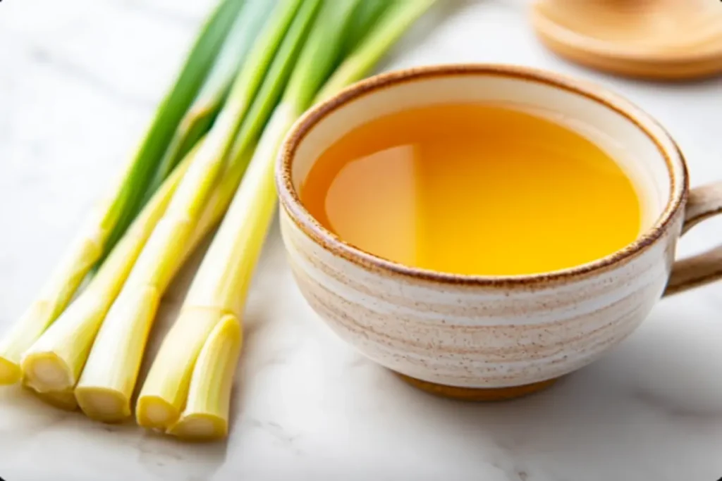 A steaming cup of lemongrass tea with fresh lemongrass stalks on a white marble countertop.