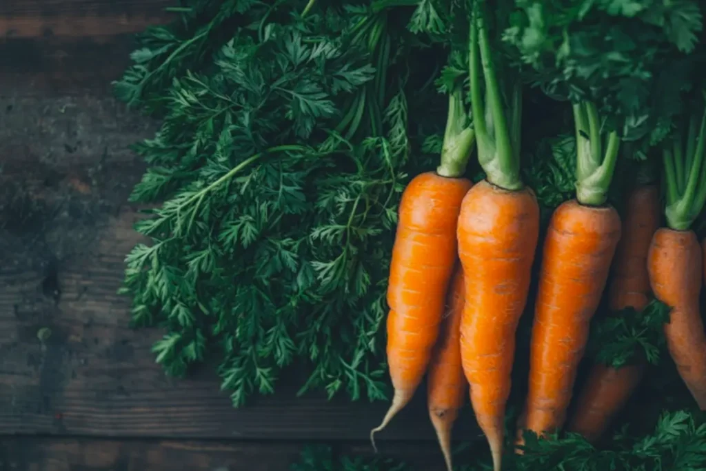 A bunch of fresh carrots with greens, perfect for juicing.