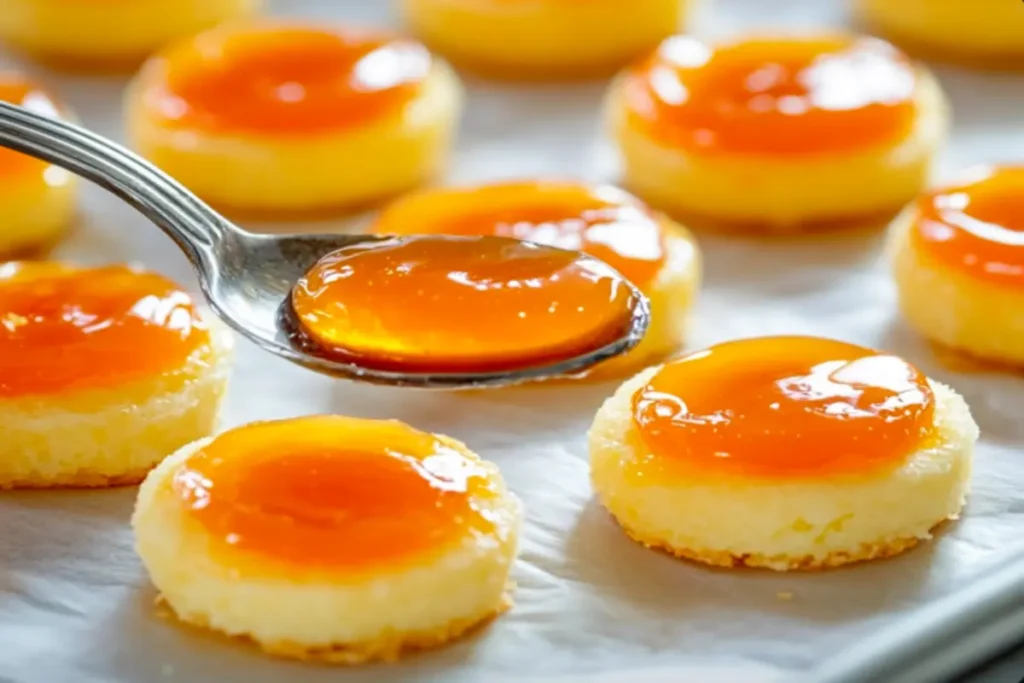 Small round sponge bases being topped with vibrant orange jelly on a baking sheet.