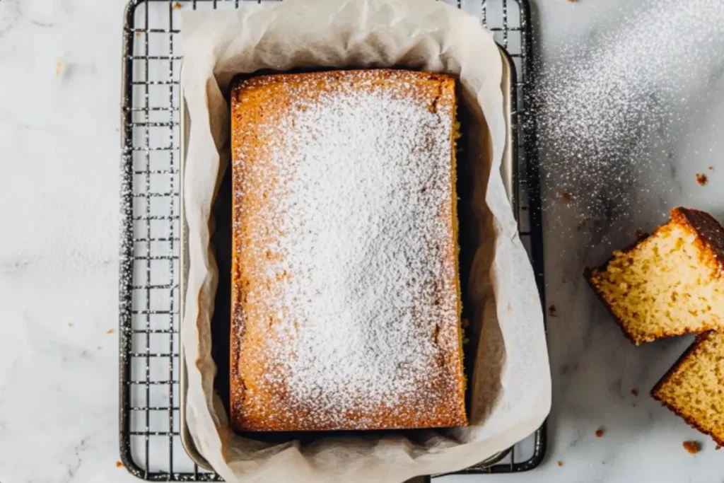 A slice of moist vegan pound cake on a dessert plate with a fork, drizzled with a light glaze.