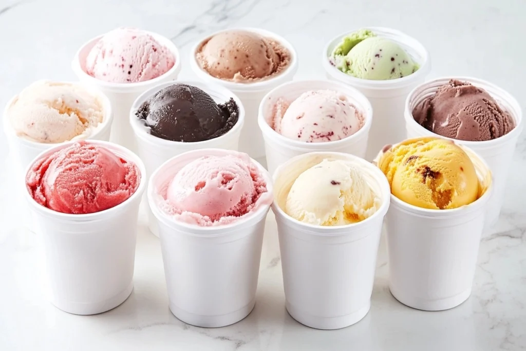 Ice cream and sorbet containers with ingredient labels showing artificial flavors and preservatives.