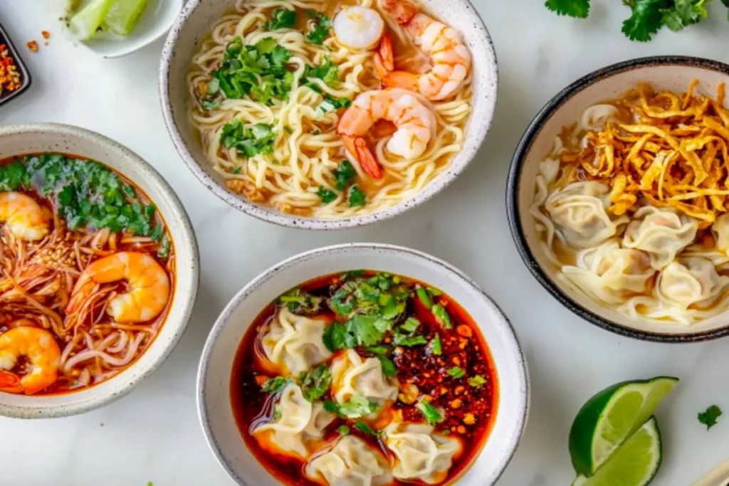 Four different bowls of wonton noodle soup, each with unique garnishes representing different Asian regions.