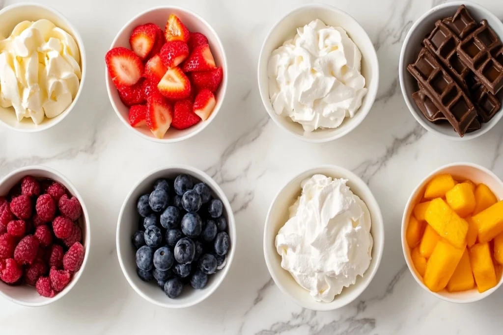 Various toppings for Belgian waffles on a white marble kitchen counter