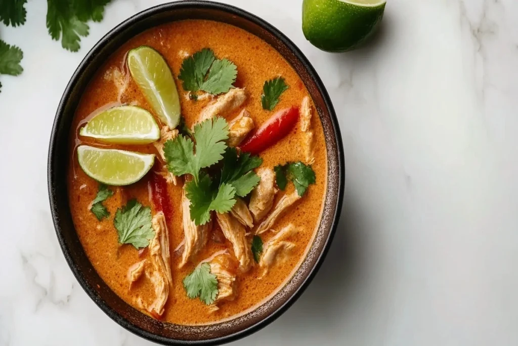 A bowl of creamy coconut curry chicken soup garnished with cilantro and lime wedges.