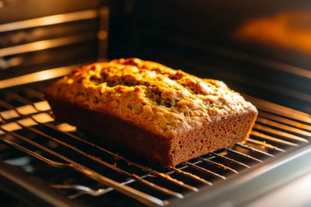 A loaf of banana pumpkin bread baking in the oven, golden brown and rising perfectly.