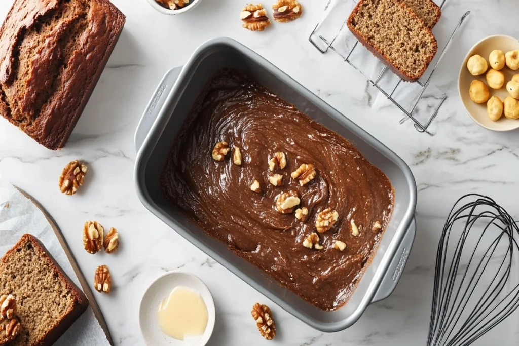 A mixing bowl with date nut bread batter and baking tools on a white marble kitchen counter