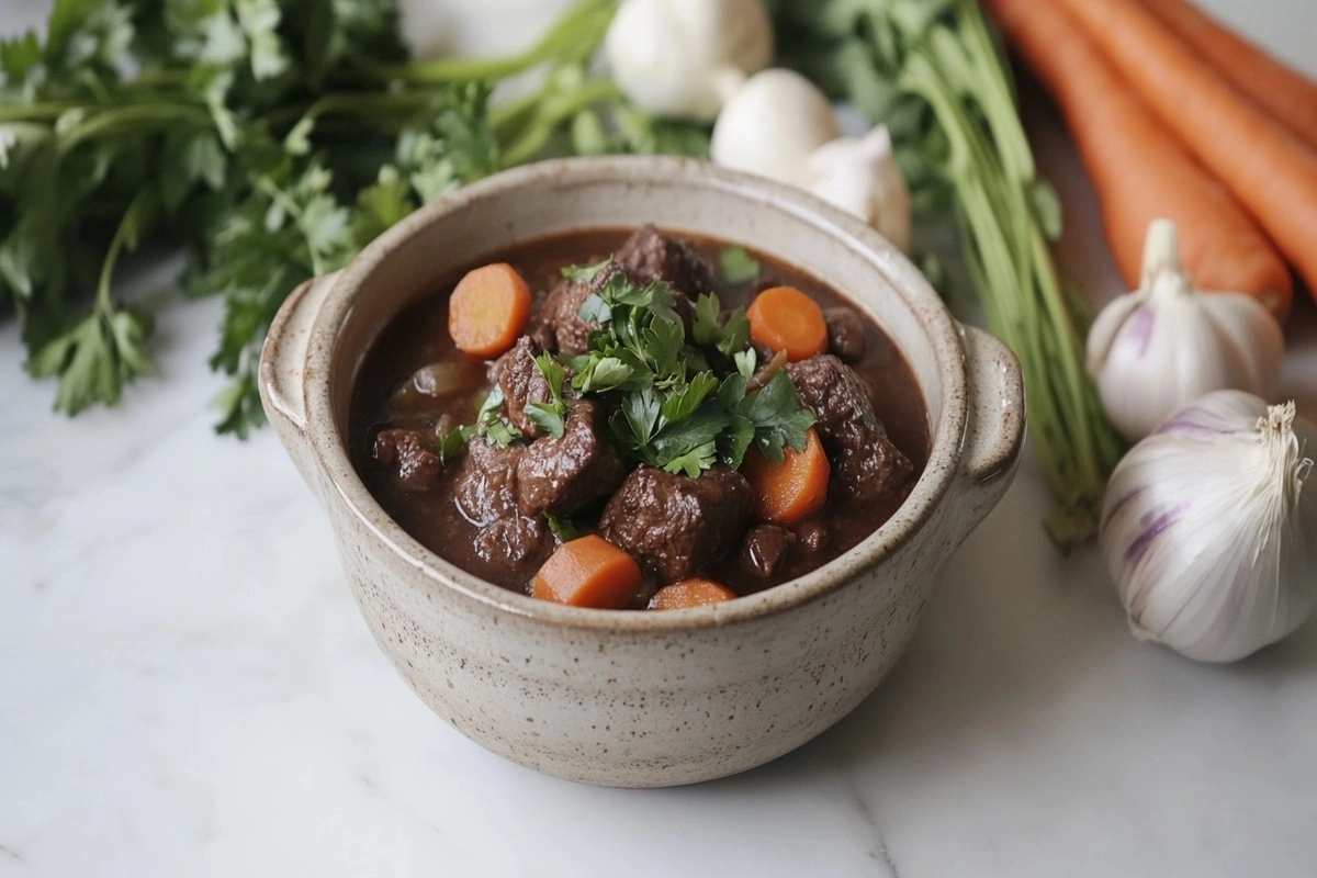 Bowl of Instant Pot Beef Bourguignon with fresh garnish on marble counter