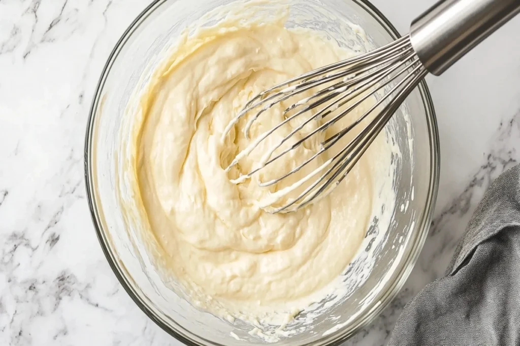 Belgian waffle batter in a mixing bowl with a whisk on a white marble kitchen counter