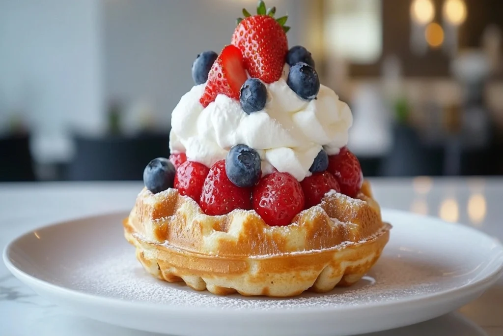 Belgian waffle with whipped cream and berries on a white marble kitchen counter