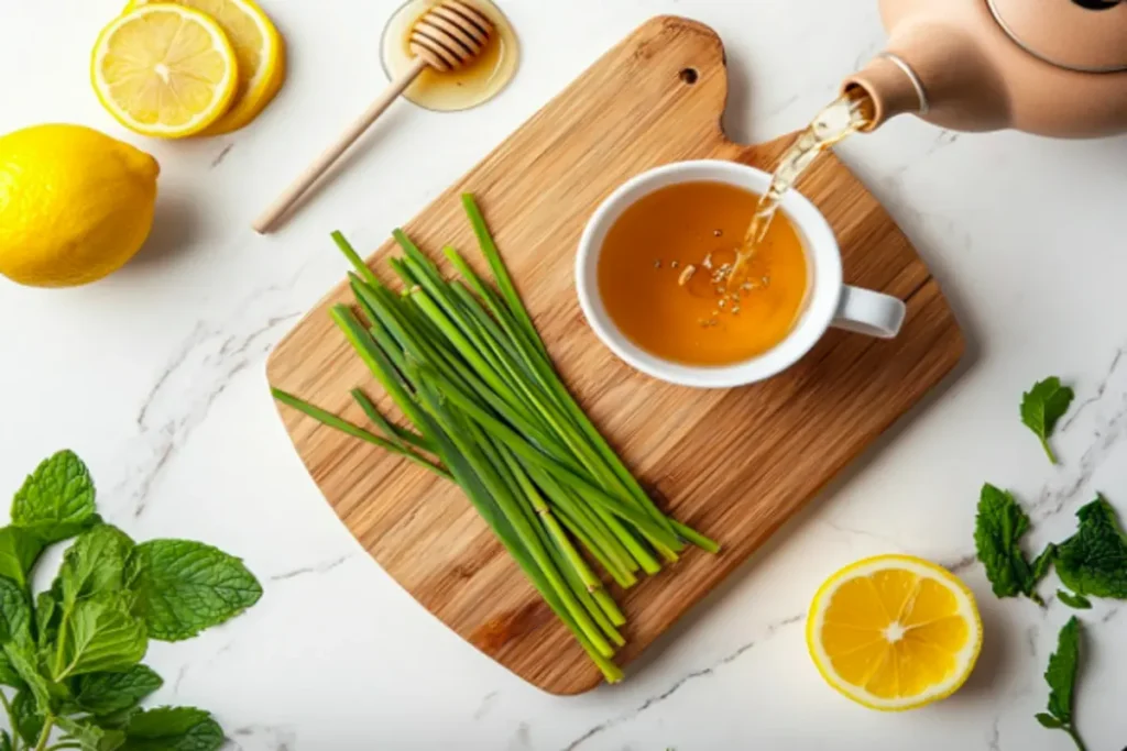 Fresh lemongrass stalks being prepared on a wooden cutting board with a teapot pouring hot water.