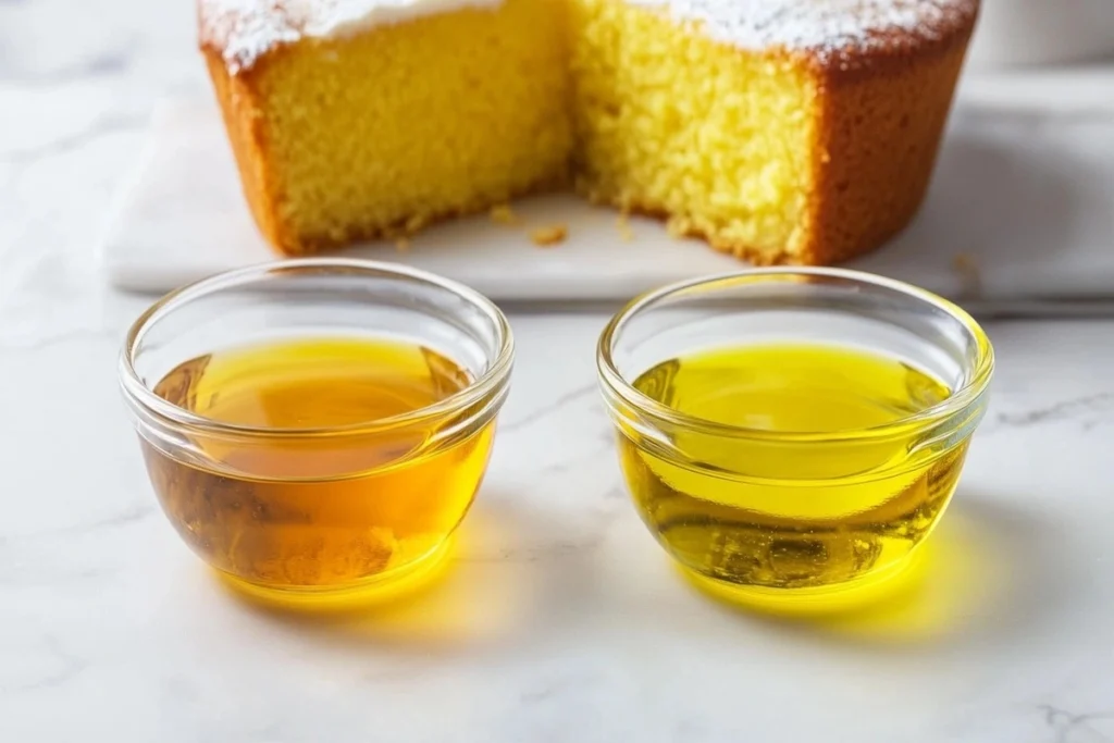 Small glass bowls filled with melted butter and oil, placed on a white marble kitchen counter.