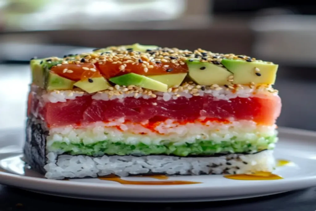 A detailed cross-section of a sushi cake showcasing layers of seasoned rice, fresh salmon, avocado, and cucumber, topped with sesame seeds and scallions.