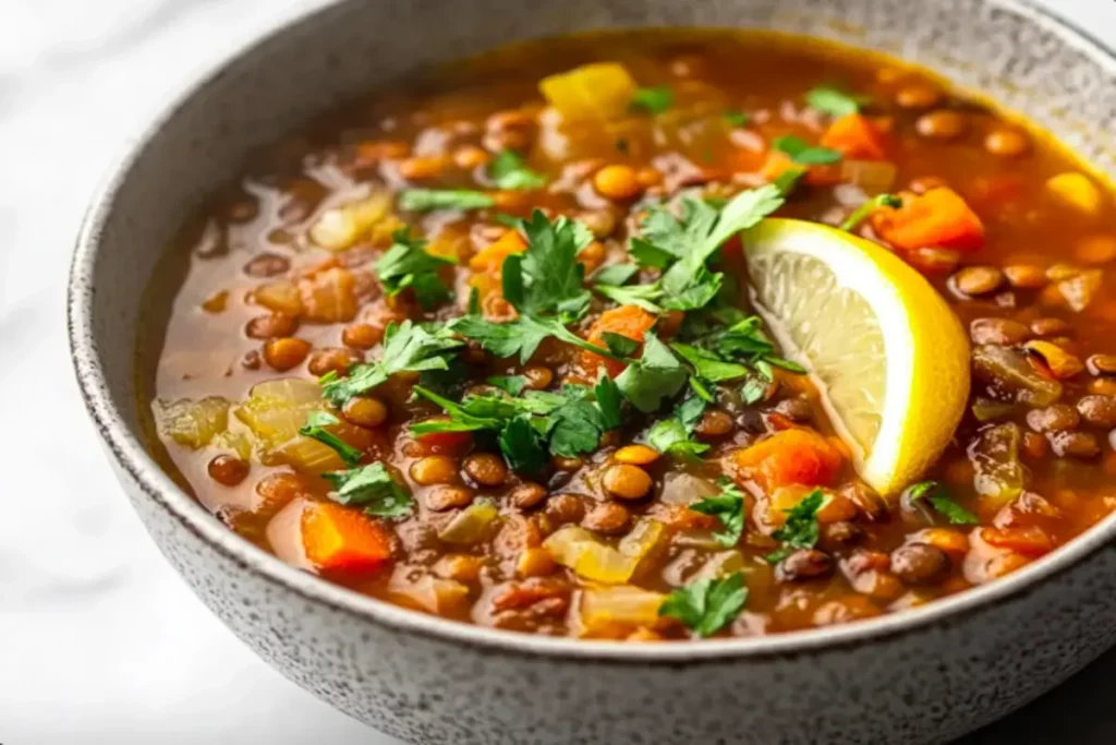 A steaming bowl of cabbage lentil soup garnished with parsley and lemon.