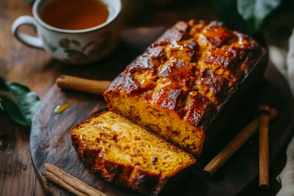 A slice of banana pumpkin bread on a rustic wooden plate with cinnamon sticks beside it.