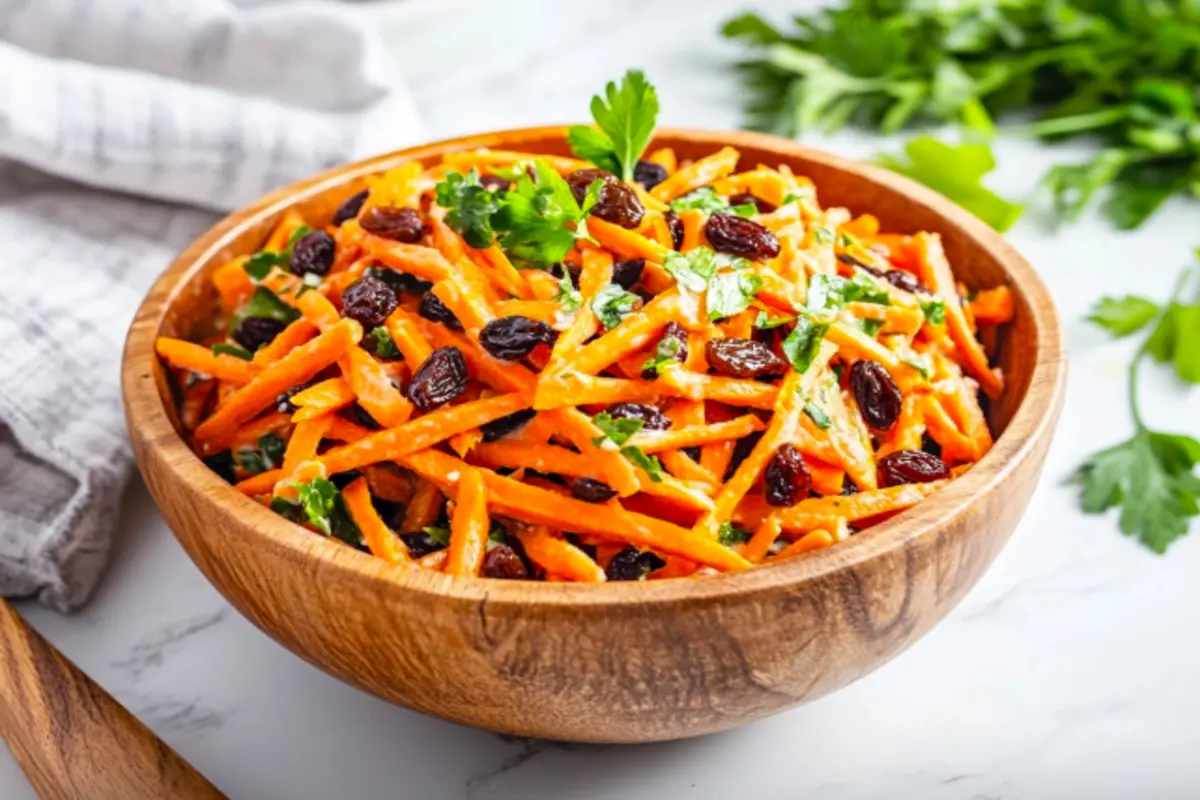 Freshly prepared carrot salad with raisins served in a bowl on a white marble countertop