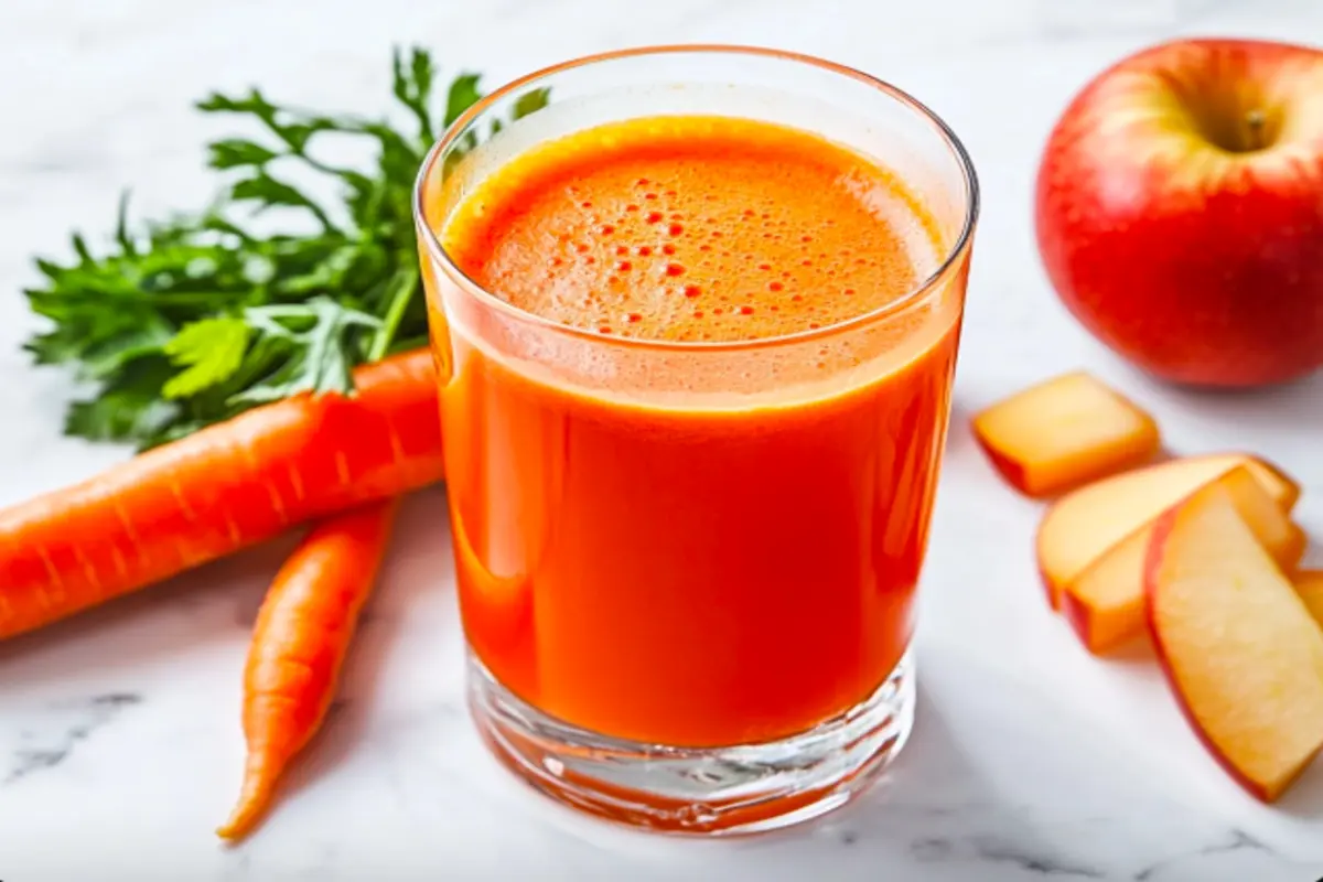 A glass of fresh carrot and apple juice with carrots and apple slices on the side.