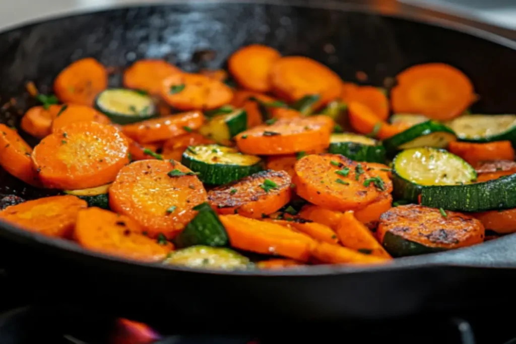 Carrots and zucchini sizzling in a pan over a stovetop, mid-toss.