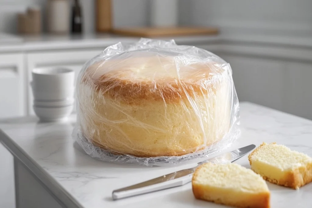 A butter cake wrapped in plastic and stored in an airtight container on a white marble kitchen counter.