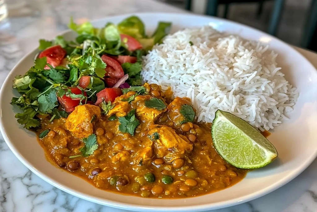 A plate of chicken lentil curry served with basmati rice, a fresh salad, and a squeeze of lime.