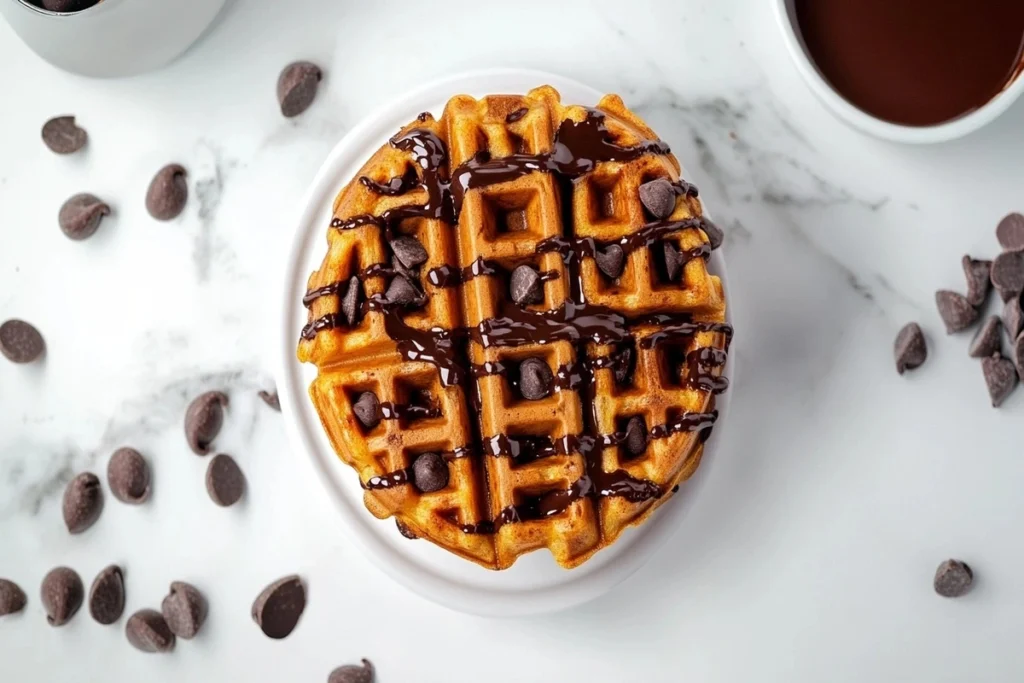 Chocolate chip sweet potato waffles with chocolate drizzle