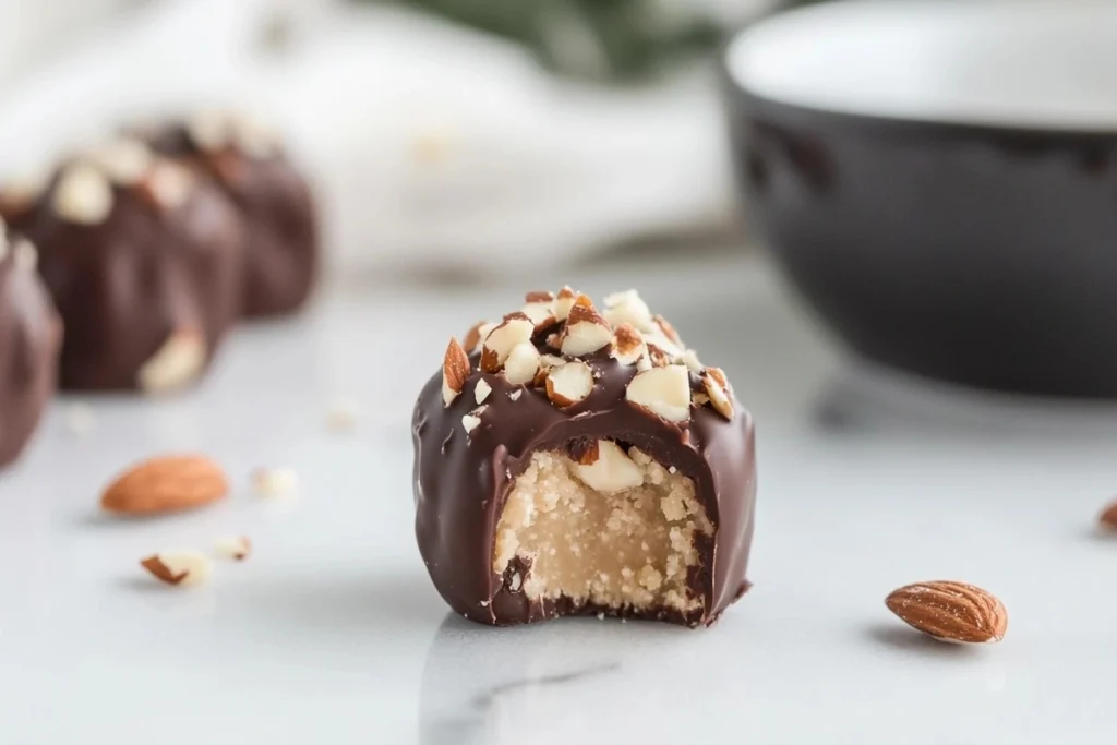 Chocolate-dipped keto cookie dough bite with chopped almonds