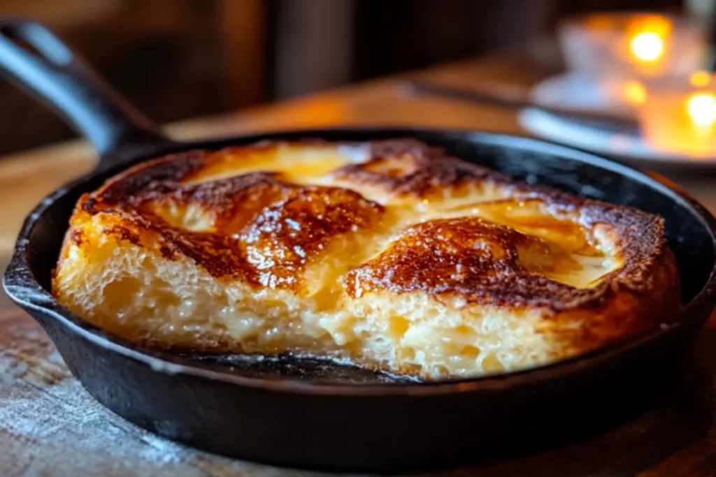 A golden-brown slice of sourdough French toast cooking in a buttered cast-iron skillet.