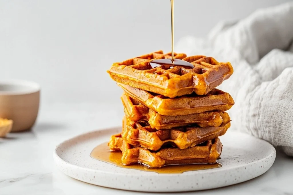 Cinnamon maple sweet potato waffles with syrup 