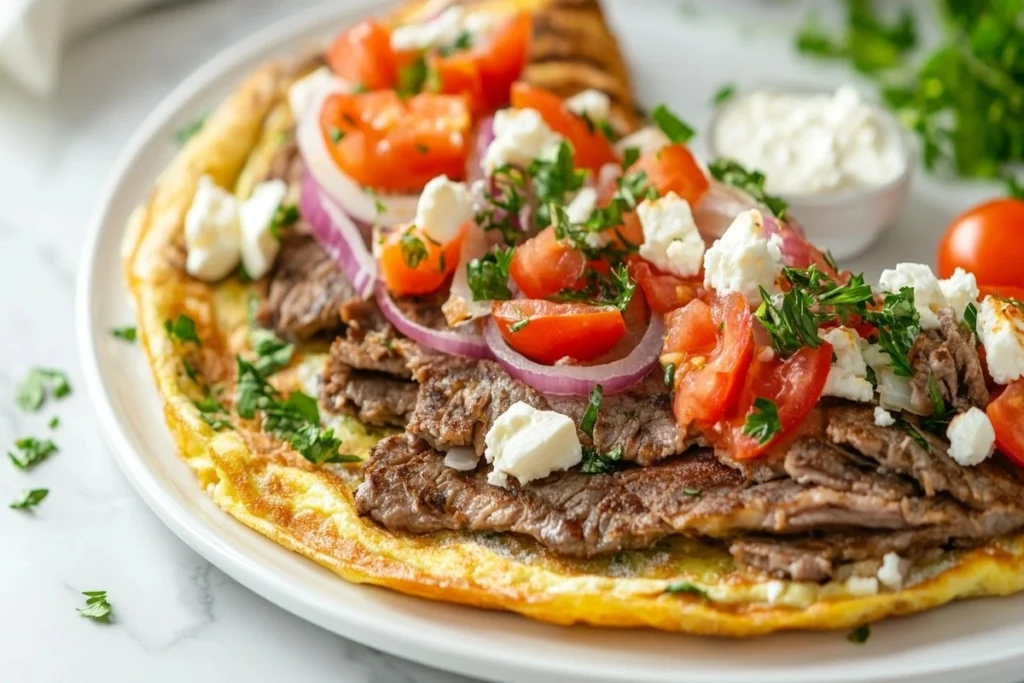 Greek gyro omelette filled with meat and veggies on marble counter