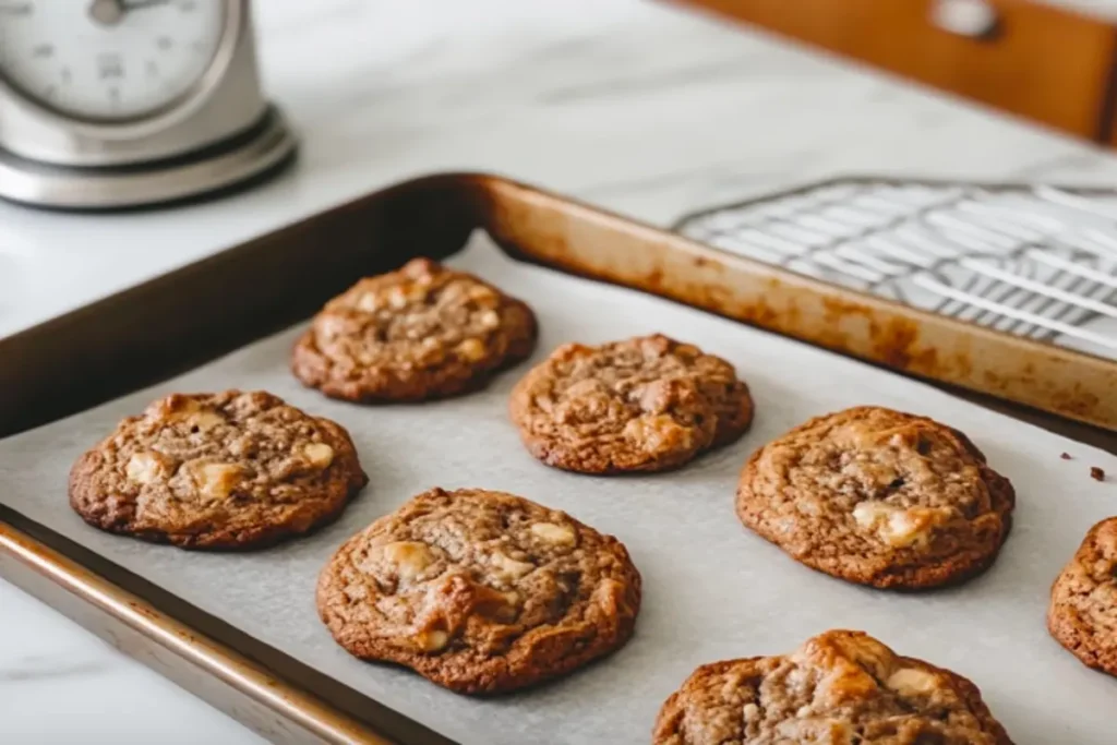 Overbaked banana bread cookies with a dry, cracked surface on a baking tray.