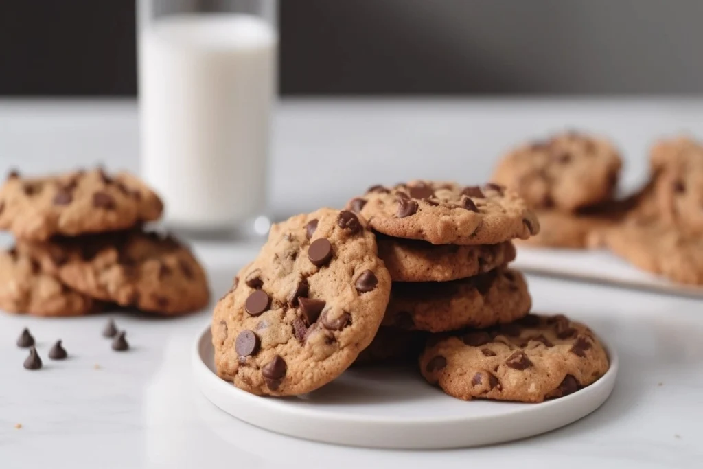 Coconut chocolate chip cookies served with milk and coffee