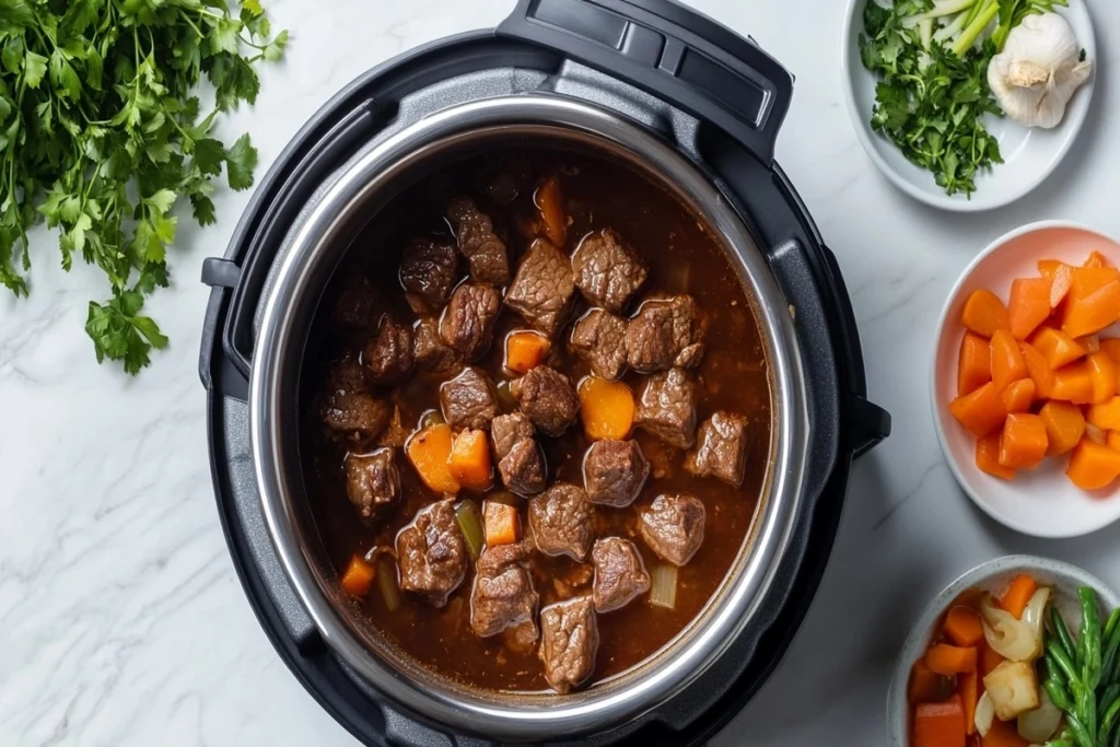 Instant Pot cooking process for Beef Bourguignon on marble counter