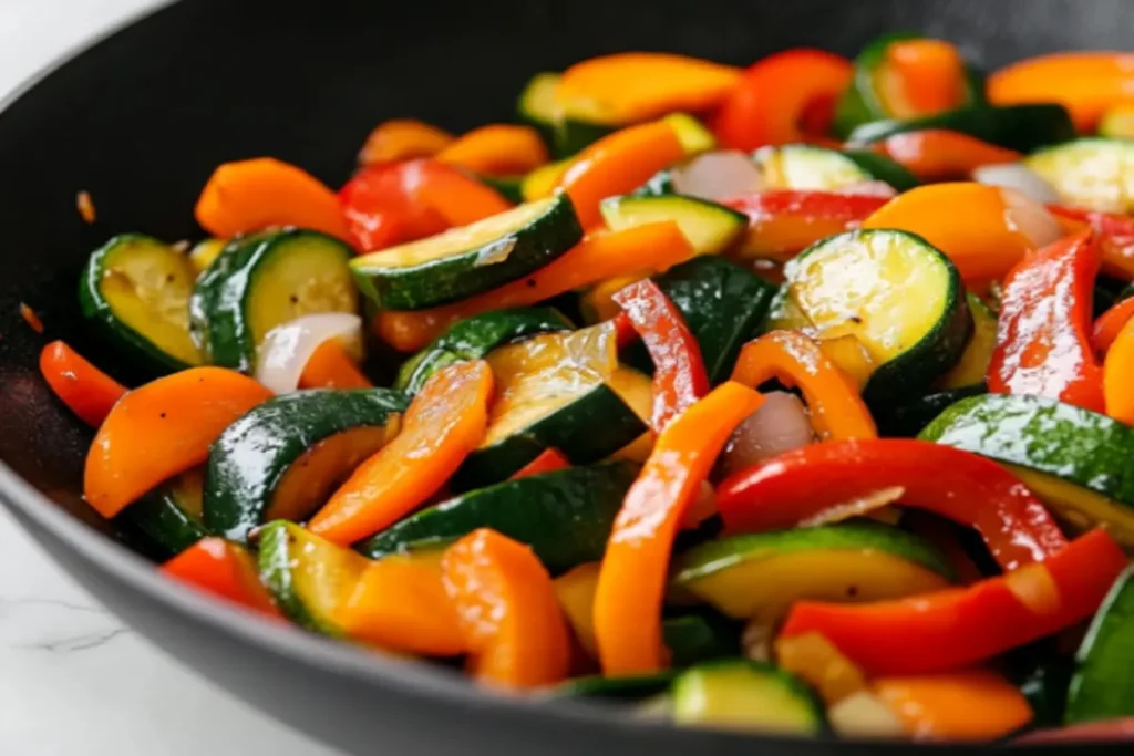 Carrots and zucchini sizzling in a pan over a stovetop, mid-toss.