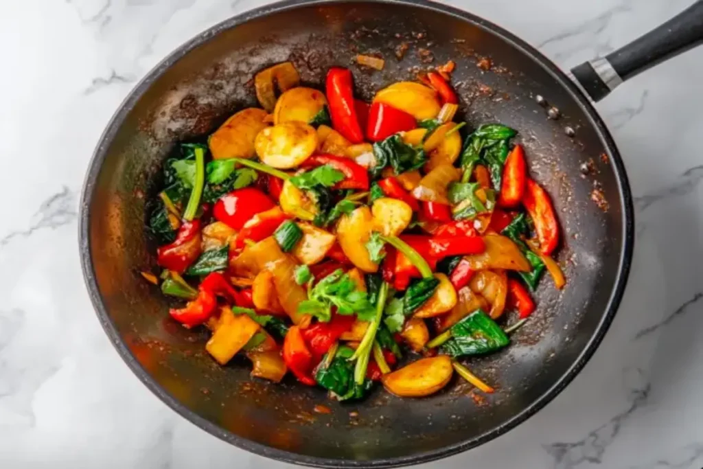 A colorful vegetable stir-fry with lemongrass paste.