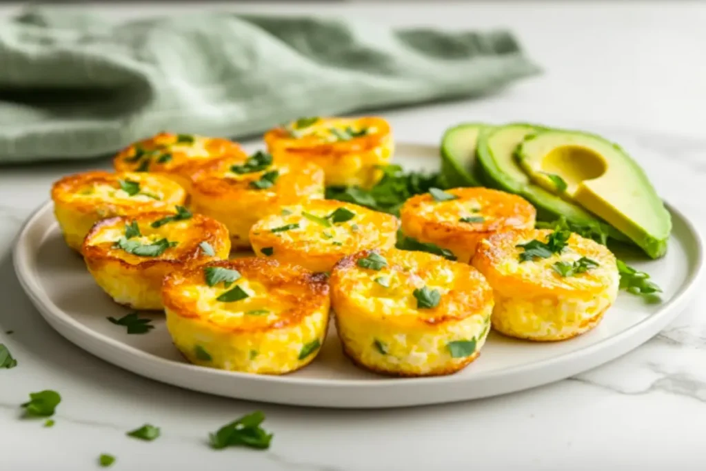 Cottage cheese egg bites with avocado on a plate.