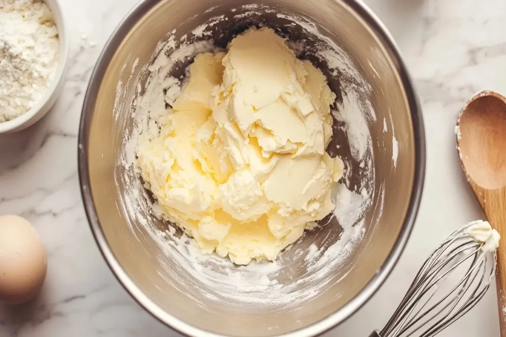 Butter and sugar being creamed together in a mixing bowl on a white marble kitchen counter.