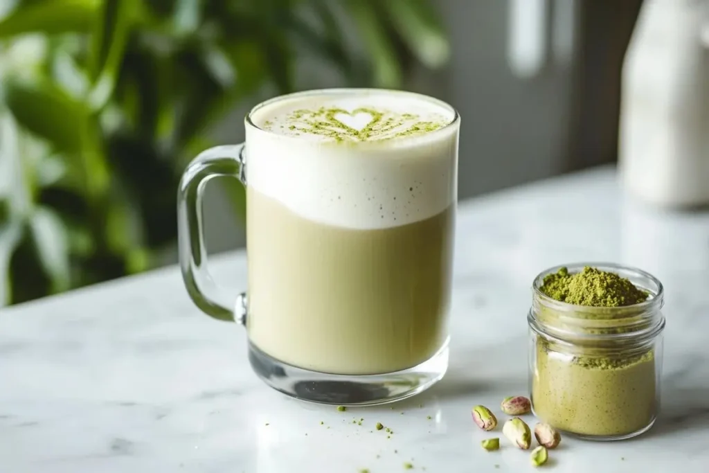 A frothy pistachio latte in a clear glass mug with a dusting of pistachio powder.