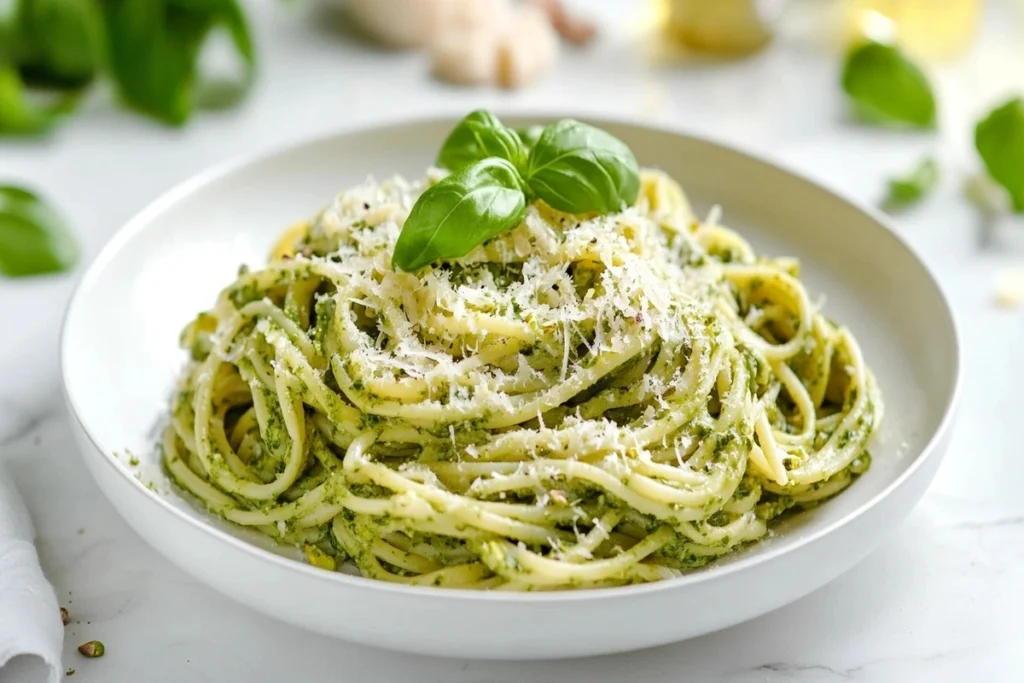 A plate of pasta coated in a rich pistachio sauce, garnished with cheese and basil.