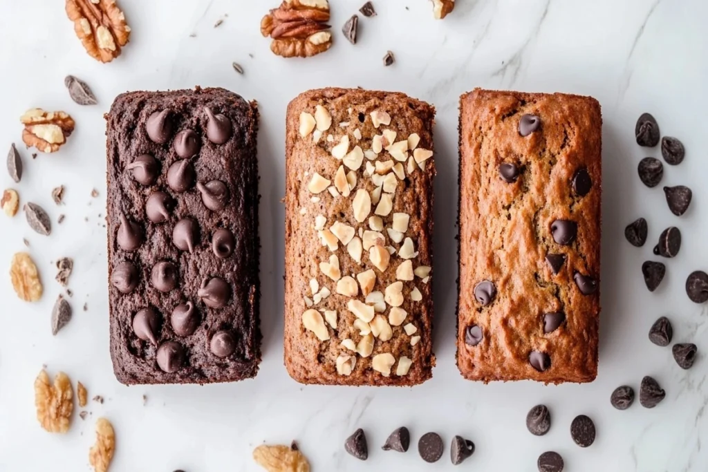 Three different keto zucchini bread loaves