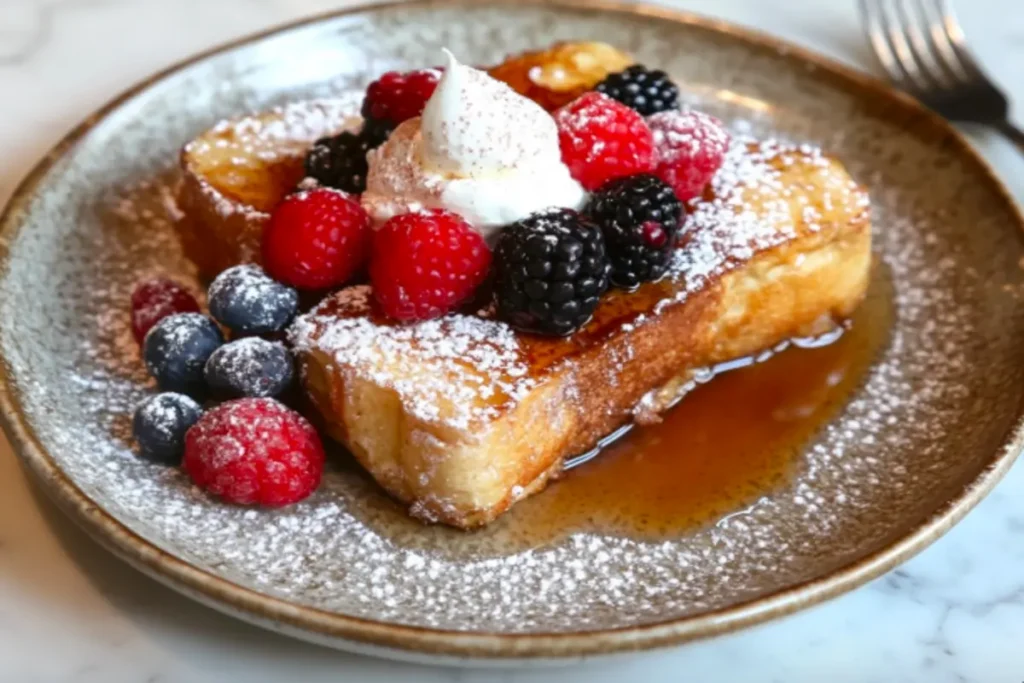 A plate of sourdough French toast topped with fresh berries, maple syrup, and powdered sugar.