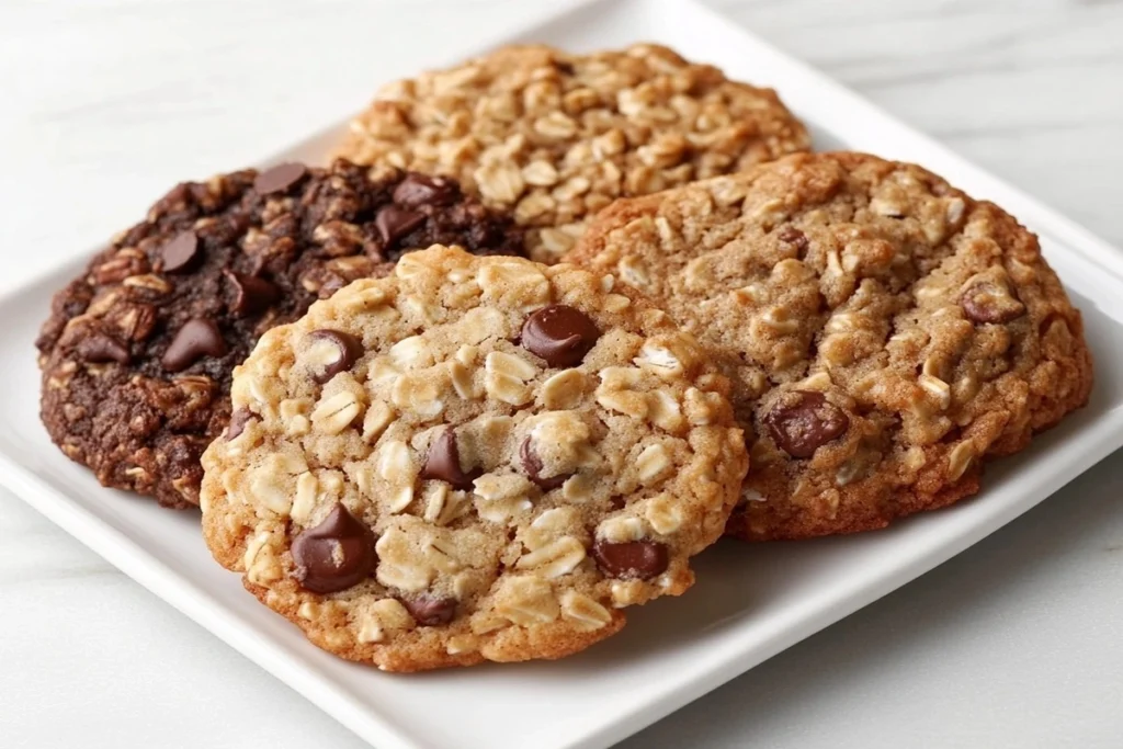 Oatmeal coconut cookies with chocolate chips, pecans, and dried pineapple on a platter.