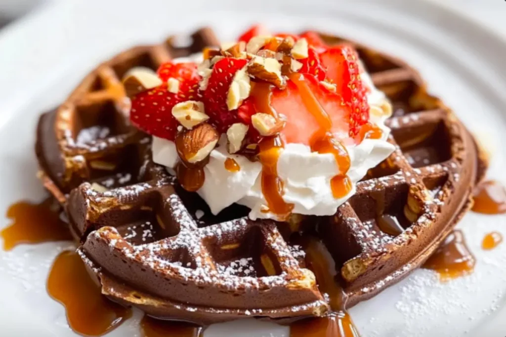 Chocolate waffle with strawberries, whipped cream, and nuts