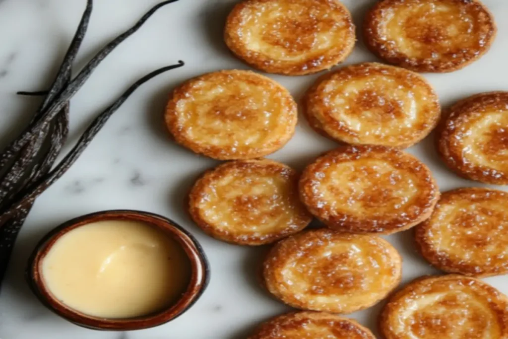 A close-up of gourmet crème brûlée cookies with a golden caramelized sugar crust, arranged on a white marble countertop with vanilla pods and custard.