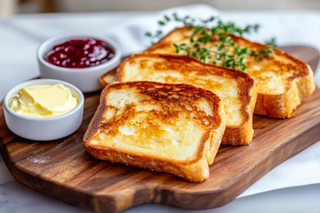 A close-up of crispy Melba toast slices on a rustic wooden board with butter and jam on the side.