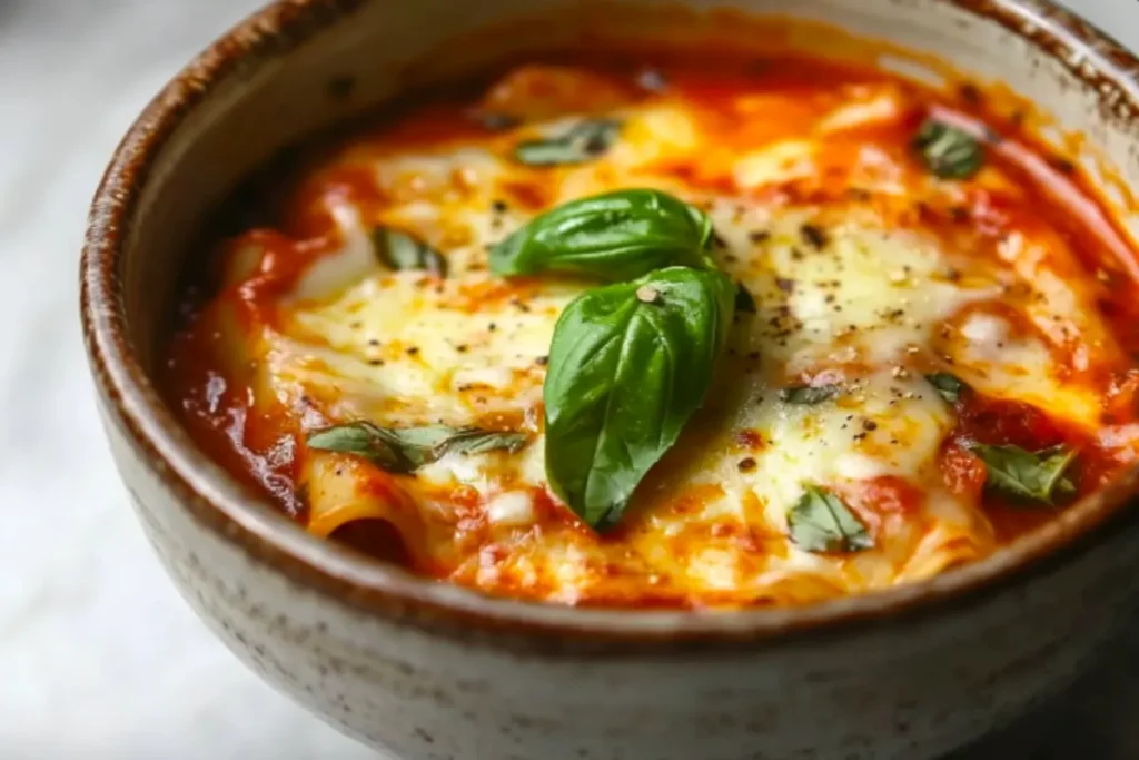 A bowl of crockpot lasagna soup with melted cheese and basil garnish.