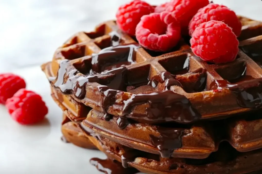 A stack of chocolate waffles drizzled with chocolate and raspberries