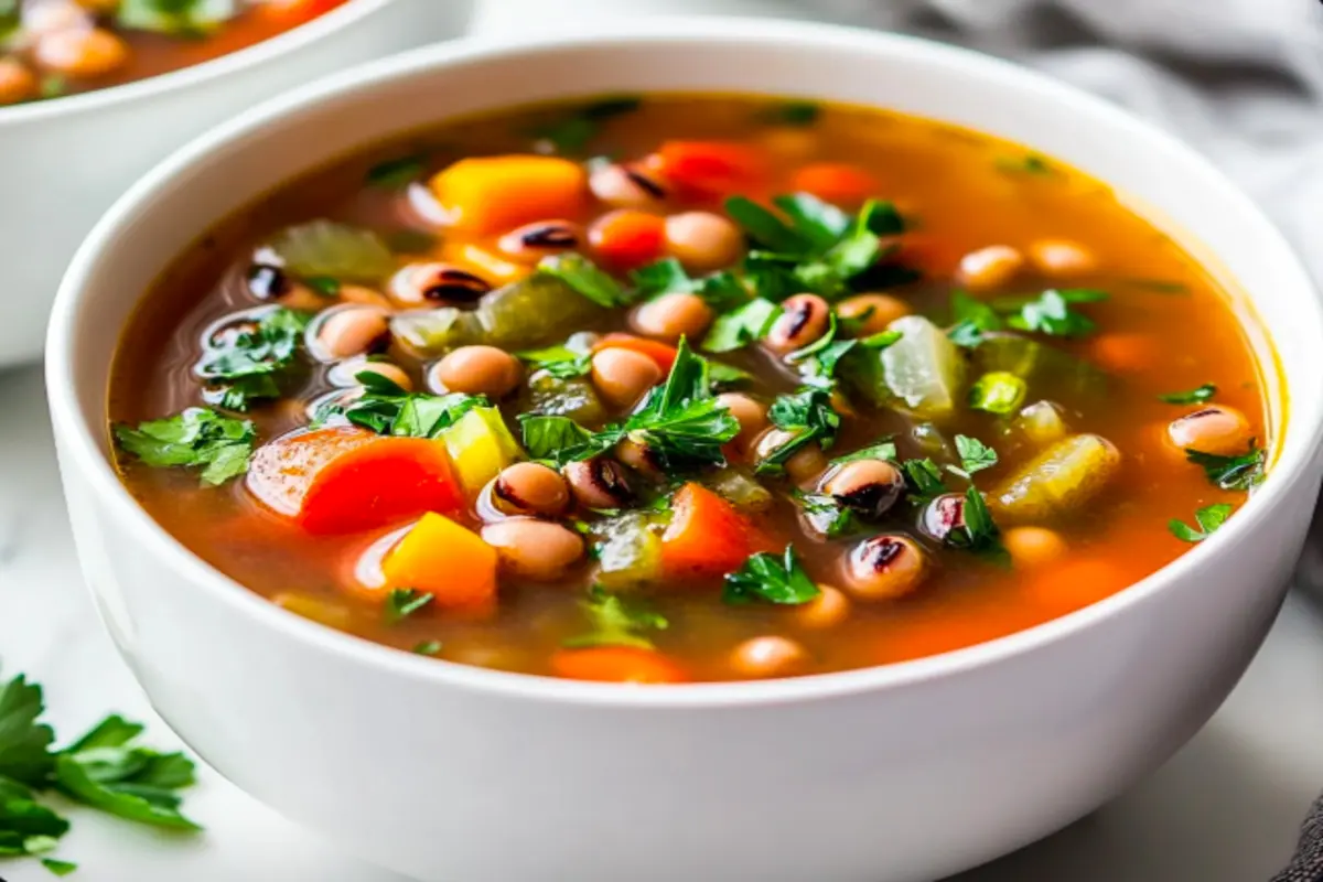 Steaming bowl of Black-Eyed Pea Soup with fresh herbs and vegetables.